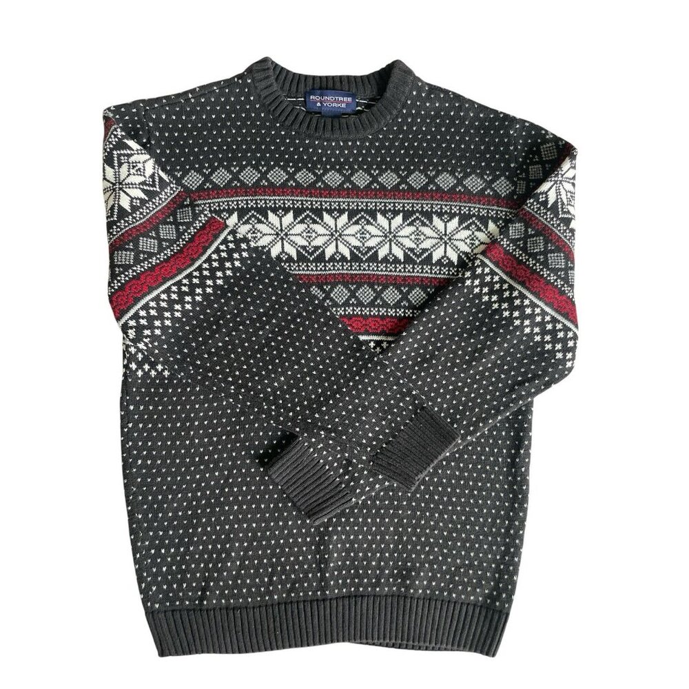 Roundtree & Yorke Crewneck Sweater Black Red Fair Isle Men’s M Vintage Christmas